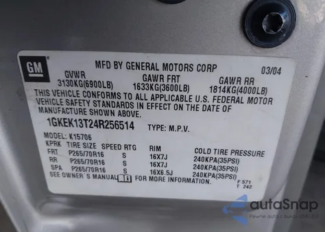 2004 GMC Yukon Slt из США, поврежденный, VIN 1GKEK13T24R256514